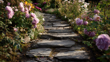 A picturesque garden pathway lined with vibrant flowers and elegant slate stones invites tranquility in nature. Enjoy the serene outdoor beauty surrounded by blossoming flora.の素材