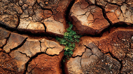 This image portrays cracked, dry soil affected by drought, juxtaposed with a resilient green sprout, symbolizing hope and survival in challenging environmental conditions.の素材