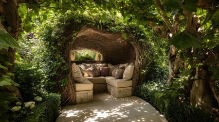 A serene outdoor seating area enveloped by verdant foliage, providing an inviting space for relaxation amidst nature. Perfect for leisurely afternoons in the garden.の素材
