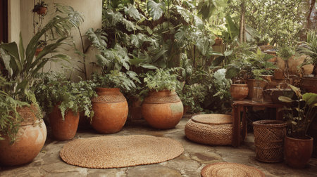 Experience the serene beauty of a cozy indoor garden filled with lush greenery and rustic pots, creating a tranquil space for relaxation and enjoyment at home.の素材