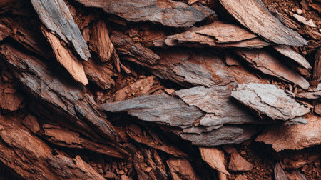 Close-up view of layered wooden bark showcasing an array of earthy colors and textures, ideal for backgrounds in creative projects or nature-inspired designs.の素材
