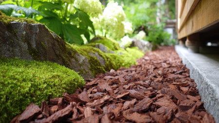 A serene garden pathway adorned with brown mulch, vibrant white flowers, soft green moss, and natural stones, creating a peaceful outdoor environment.の素材