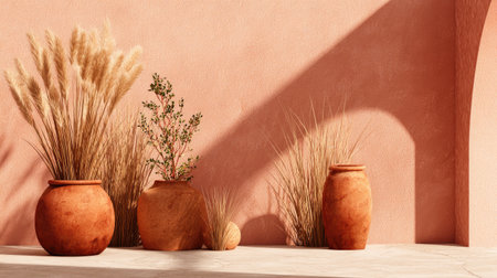 This image features elegant ceramic pots adorned with dried flowers, set against a soft pink textured wall. Ideal for design inspiration and home decor ideas.の素材