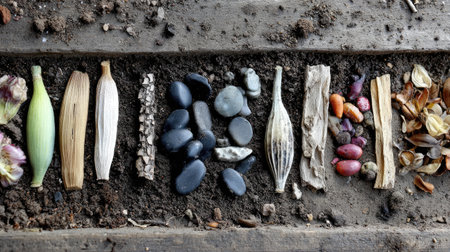 A captivating display of various natural materials including seeds, wood, and stones arranged artfully on soil, ideal for creative and educational projects.の素材