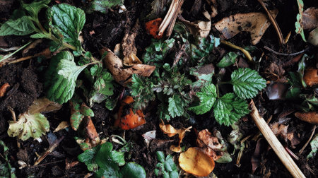 Explore the richness of organic matter in this vibrant soil filled with green leaves, twigs, and natural debris. Perfect for gardening and ecological themes.の素材