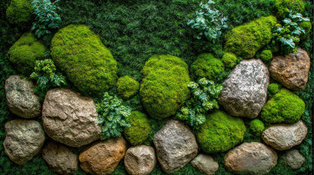 Explore the stunning combination of moss and stone in this serene background, perfect for nature-themed projects, designs, and organic-inspired artwork. Ideal for fostering calmness.の素材
