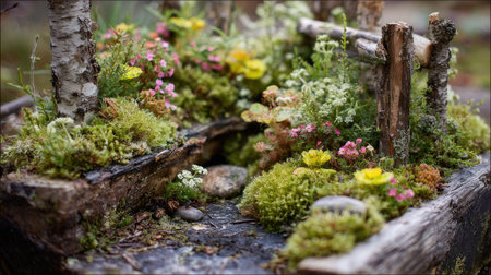 This captivating miniature garden features an array of vibrant flowers, lush moss, and natural stones, creating a serene escape into nature's beauty and tranquility.の素材