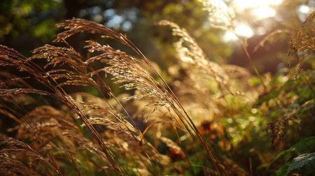 Natural scene showcasing tall grasses bathed in golden sunlight during the morning, creating a serene and tranquil atmosphere perfect for nature lovers.の素材