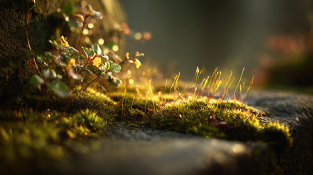 A gorgeous close-up of vibrant green moss and delicate plants is softly illuminated by warm sunlight, creating a serene atmosphere in nature's peaceful embrace.の素材
