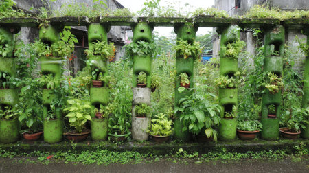 A captivating view of a vertical garden featuring lush greenery within recycled containers attached to a wall. This image highlights urban gardening techniques and sustainable living.の素材