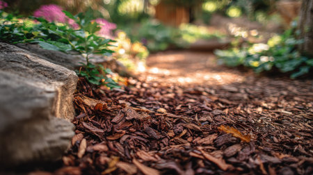 Explore a tranquil garden pathway, enriched with bark mulch and bordered by beautiful stones, complemented by vibrant greenery and soft purple flowers for a serene experience.の素材