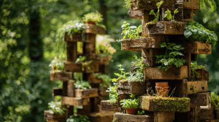 Discover a stunning vertical garden featuring rustic wood pallets adorned with vibrant plants, creating a serene outdoor atmosphere within a sunlit forest setting.の素材