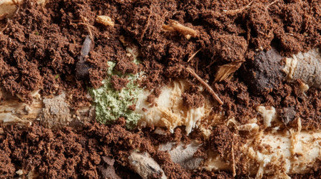 This close-up image captures the intricate details of soil comprised of decaying wood, organic matter, and fungi, highlighting the importance of decomposition in ecosystems.の素材