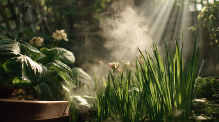 Bathed in soft morning light, this serene garden scene features lush green plants and gentle mist, creating a tranquil atmosphere perfect for nature lovers.の素材