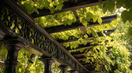 A beautiful view of a wooden pergola adorned with lush green leaves, creating a serene atmosphere in the garden while allowing gentle sunlight to filter through.の素材
