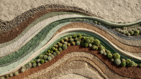 A stunning aerial perspective of an abstract landscape design showcasing harmonious wavy lines of different textures and colors, blending nature and artistry beautifully.の素材