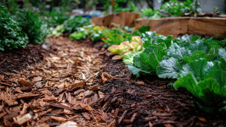 This vibrant image showcases an organic garden with fresh vegetables like lettuce and cabbage, surrounded by herbs and a mulch path, emphasizing sustainable gardening practices.の素材