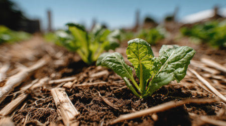 A close-up view of fresh green plants emerging from dark soil, showcasing agricultural growth under bright sunlight in a serene outdoor environment.の素材