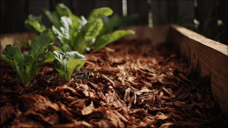 Vibrant green lettuce sprouts emerge from a wooden planter bed, surrounded by rich brown mulch, providing a serene home garden atmosphere filled with natural light.の素材