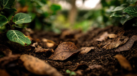 This close-up image features dry brown leaves scattered on rich soil, surrounded by vibrant green foliage, showcasing the beauty and tranquility of nature.の素材