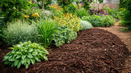 Beautiful garden pathway features a variety of vibrant flowers and lush green plants, lined with rich mulch in a peaceful residential outdoor setting.の素材