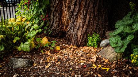 This image showcases the base of a large tree adorned with green plants and scattered yellow leaves, creating a serene outdoor setting filled with natural beauty.の素材