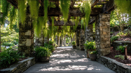 A beautiful garden pathway features lush greenery and stone architecture, creating a tranquil outdoor atmosphere that invites relaxation and peaceful walks.の素材