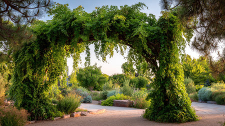 A beautiful archway covered in lush greenery creates a stunning focal point in a serene garden, bathed in warm golden hour light surrounded by vibrant plants.の素材