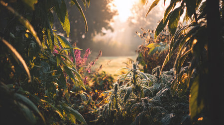 Experience the calm of a tranquil morning as sunlight shines through lush foliage, highlighting the beauty of dew-kissed plants and vibrant wildflowers.の素材