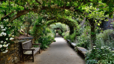 A picturesque garden pathway enveloped by vibrant greenery and blooming flowers invites visitors to stroll through a tranquil outdoor setting, offering peace.の素材