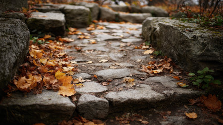 A beautiful stone pathway blanketed with colorful autumn leaves invites a serene outdoor experience. Ideal for tranquil scenes and seasonal themes in nature.の素材