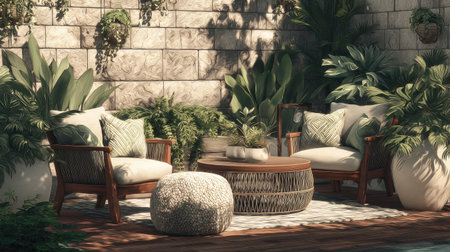 Beautifully arranged outdoor seating area with cozy furniture and lush plants creates a tranquil oasis for relaxation and social gatherings in nature.の素材