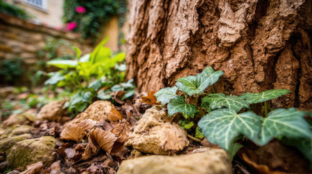 A close-up view of lush green ivy plants growing amidst natural stones at the base of a sturdy tree, creating a serene and peaceful garden atmosphere.の素材