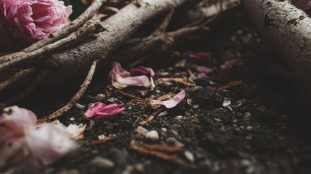 Explore the intricate beauty of nature with a close-up view of fallen petals, twisted roots, and rich soil, capturing the essence of the outdoors in a serene setting.の素材