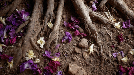 A captivating close-up image showcasing vibrant flower petals alongside intricate tree roots set against rich earthy soil, embodying the beauty of nature and organic textures.の素材