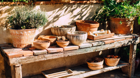 A beautifully arranged rustic garden table features an assortment of ceramic pots and decorative items, creating a warm and inviting outdoor scene filled with natural charm.の素材