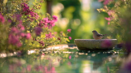 A tranquil garden setting featuring a bird bathing in a serene pool surrounded by vibrant pink flowers and gentle sunlight, capturing the essence of nature's beauty.の素材