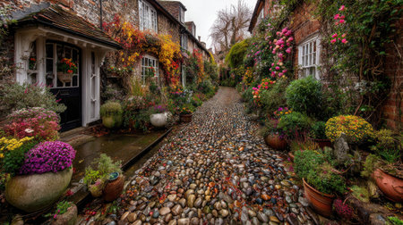 A picturesque view of a cobblestone path lined with vibrant flowering plants and charming cottages in a peaceful village showcasing autumn beauty.の素材