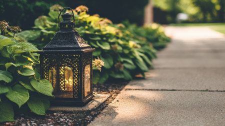 A beautifully designed vintage lantern rests elegantly on a stone pathway, surrounded by rich lush greenery, creating a serene and inviting outdoor atmosphere.の素材
