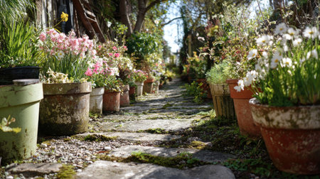 A picturesque garden pathway adorned with vibrant flower pots creates a serene outdoor atmosphere, inviting visitors to experience the beauty of nature and tranquility.の素材