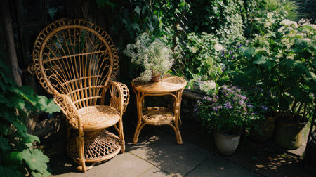 A charming wicker chair and table set nestled among vibrant flowers and lush greenery, creating a peaceful garden oasis for relaxation and enjoyment.の素材