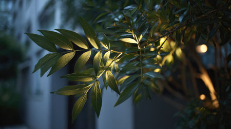 A captivating close-up image showcasing glossy green leaves illuminated by soft light in an urban garden, creating a serene atmosphere of nature.の素材