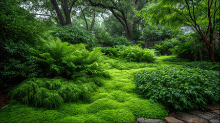 A vibrant and tranquil garden scene featuring lush green ferns and dense ground cover, creating a peaceful outdoor sanctuary filled with life's beauty and serenity.の素材