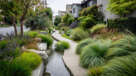Discover a peaceful urban scene showcasing a winding pathway alongside a tranquil water stream, framed by lush greenery and colorful flowering plants, perfect for relaxation.の素材