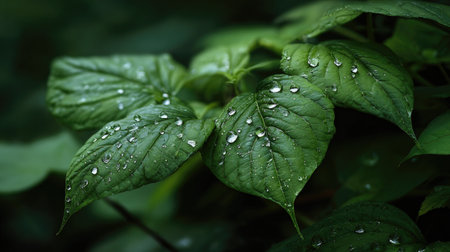 This stunning close-up image captures lush green leaves adorned with sparkling water droplets, showcasing nature's refreshing beauty and inviting serenity.の素材
