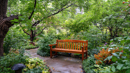 Discover a tranquil outdoor space featuring a rustic wooden bench nestled among lush greenery. This serene garden retreat invites relaxation and reflection in nature's embrace.の素材