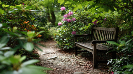 A tranquil garden scene featuring a wooden bench nestled among vibrant flowers and lush greenery. Perfect for relaxation, contemplation, and enjoying nature's beauty.の素材