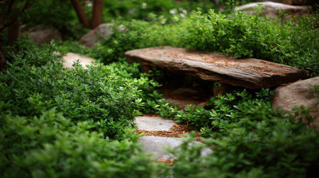 A serene garden scene featuring a rustic wooden bench surrounded by vibrant greenery and a natural stone pathway, perfect for relaxation or contemplation in nature.の素材