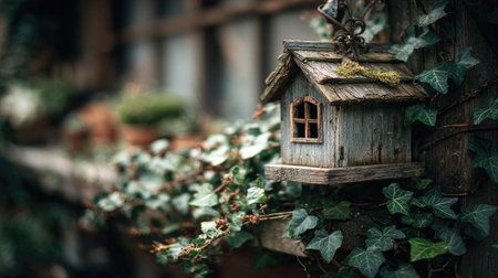 A charming wooden birdhouse hangs amidst vibrant green ivy, creating a serene atmosphere perfect for nature lovers and garden enthusiasts. A visual delight in peaceful settings.の素材