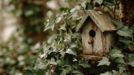 A charming scene featuring a rustic birdhouse made of weathered wood, surrounded by lush ivy leaves, evoking a sense of tranquility and natural beauty in a garden setting.の素材